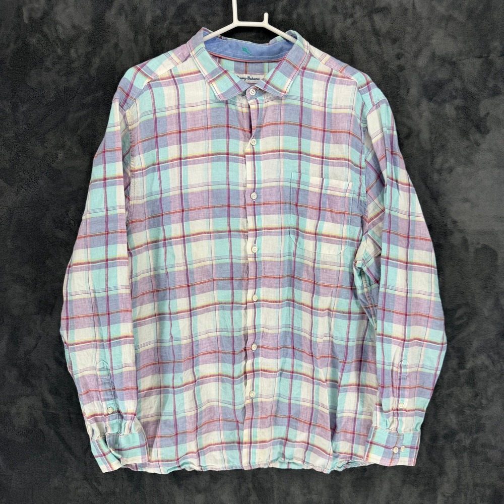 Tommy Bahama Mens XXL Linen Plaid Button Down Shirt‎ Teal Purple Long Sleeve